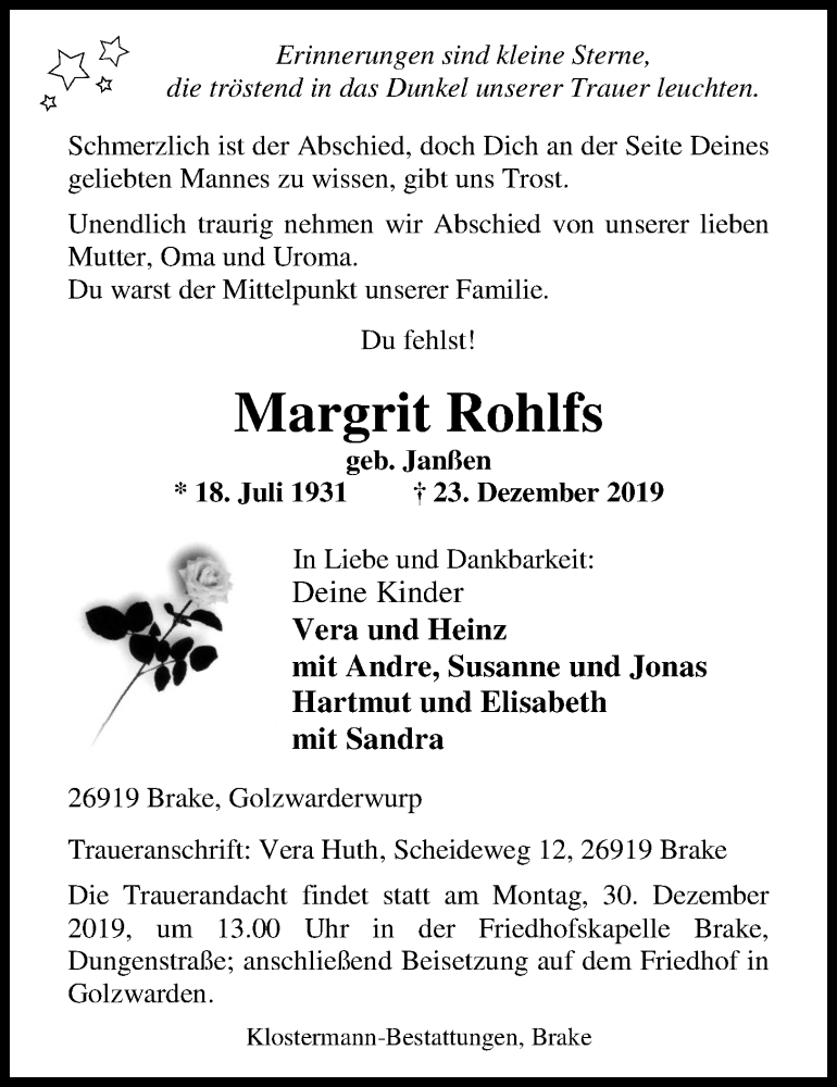  Traueranzeige für Margrit Rohlfs vom 27.12.2019 aus Nordwest-Zeitung