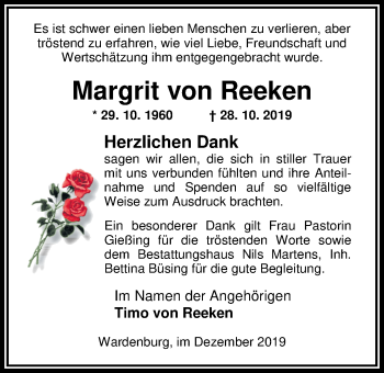 Traueranzeige von Margrit von Reeken von Nordwest-Zeitung