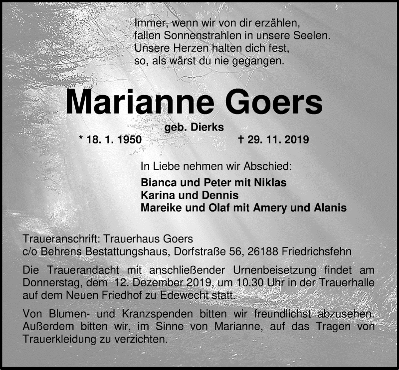  Traueranzeige für Marianne Goers vom 05.12.2019 aus Nordwest-Zeitung