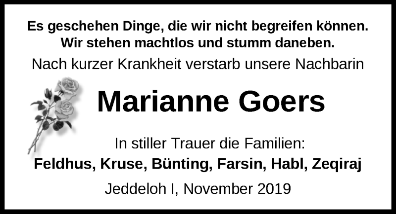  Traueranzeige für Marianne Goers vom 05.12.2019 aus Nordwest-Zeitung