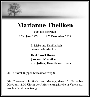 Traueranzeige von Marianne Theilken von Nordwest-Zeitung