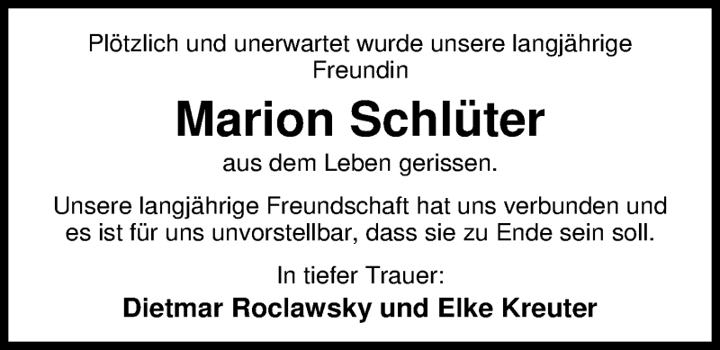  Traueranzeige für Marion Schlüter vom 03.12.2019 aus Nordwest-Zeitung