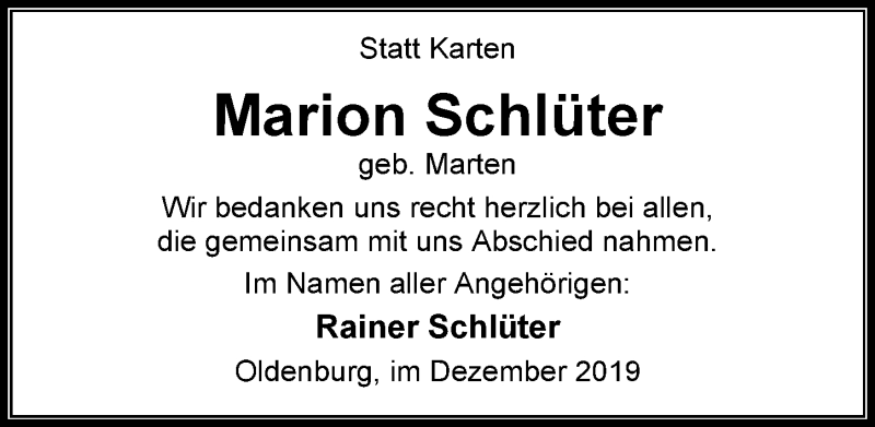  Traueranzeige für Marion Schlüter vom 28.12.2019 aus Nordwest-Zeitung