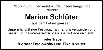 Traueranzeige von Marion Schlüter von Nordwest-Zeitung