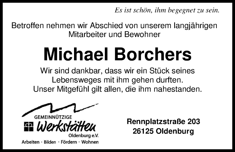  Traueranzeige für Michael Borchers vom 05.12.2019 aus Nordwest-Zeitung