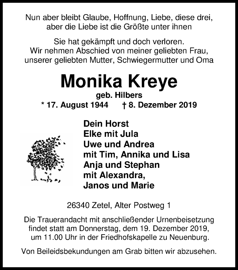  Traueranzeige für Monika Kreye vom 14.12.2019 aus Nordwest-Zeitung