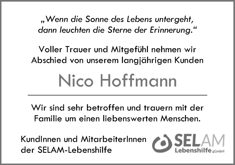  Traueranzeige für Nico  Hoffmann vom 19.12.2019 aus Nordwest-Zeitung