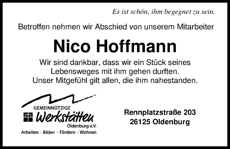  Traueranzeige für Nico  Hoffmann vom 20.12.2019 aus Nordwest-Zeitung
