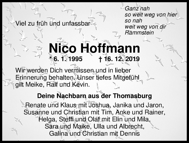  Traueranzeige für Nico  Hoffmann vom 20.12.2019 aus Nordwest-Zeitung