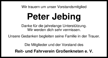 Traueranzeige von Peter Jebing von Nordwest-Zeitung