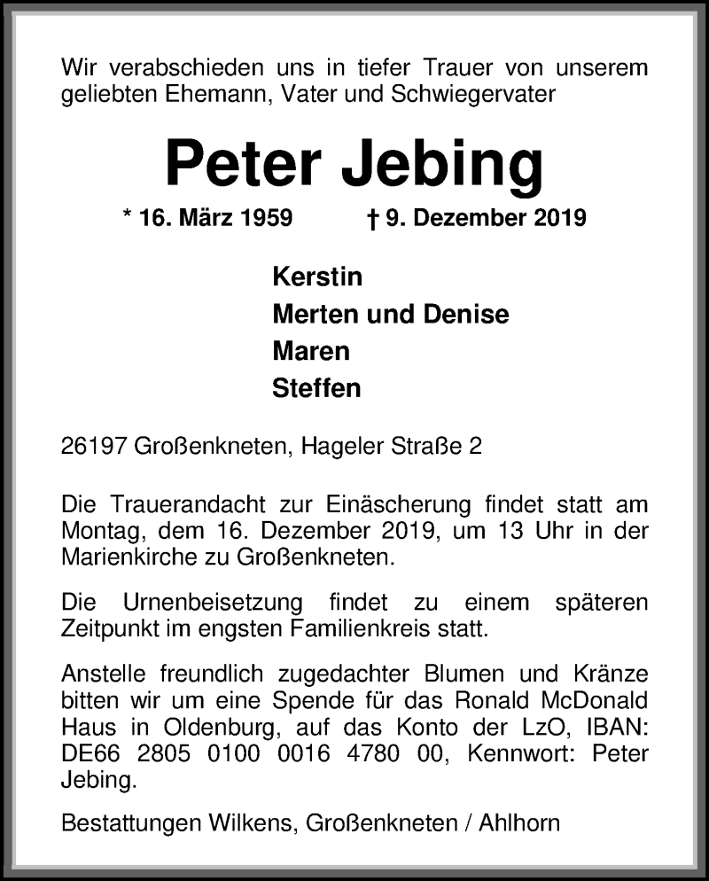  Traueranzeige für Peter Jebing vom 12.12.2019 aus Nordwest-Zeitung
