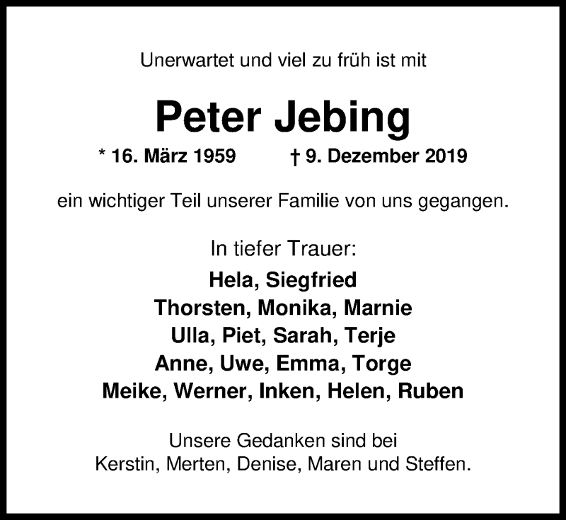  Traueranzeige für Peter Jebing vom 12.12.2019 aus Nordwest-Zeitung