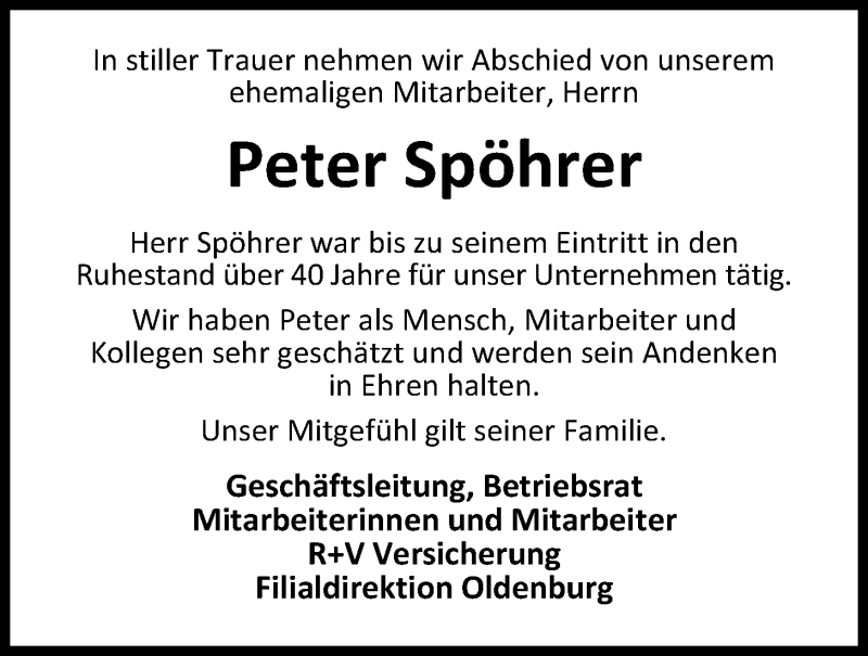  Traueranzeige für Peter Spöhrer vom 13.12.2019 aus Nordwest-Zeitung