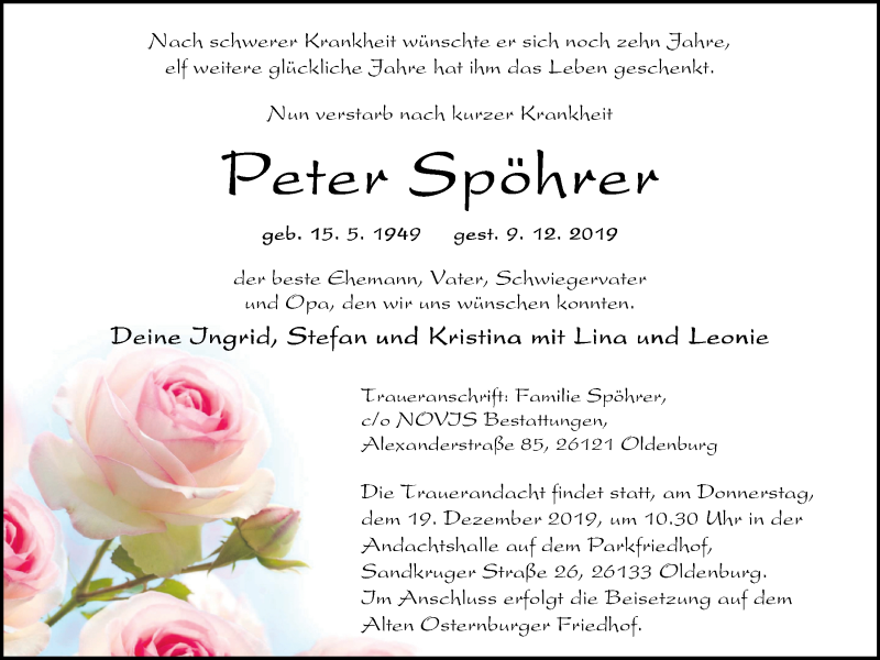  Traueranzeige für Peter Spöhrer vom 13.12.2019 aus Nordwest-Zeitung