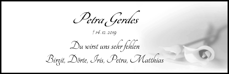  Traueranzeige für Petra Gerdes vom 19.12.2019 aus Nordwest-Zeitung