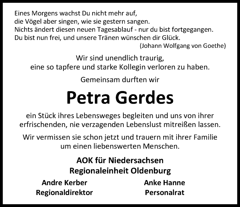  Traueranzeige für Petra Gerdes vom 18.12.2019 aus Nordwest-Zeitung
