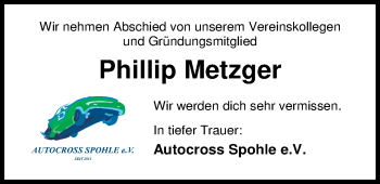 Traueranzeige von Phillip Metzger von Nordwest-Zeitung