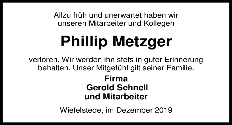  Traueranzeige für Phillip Metzger vom 19.12.2019 aus Nordwest-Zeitung
