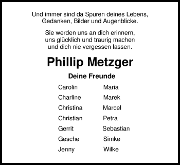 Traueranzeige von Phillip Metzger von Nordwest-Zeitung