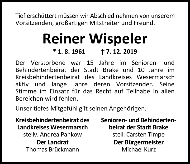  Traueranzeige für Reiner Wispeler vom 16.12.2019 aus Nordwest-Zeitung