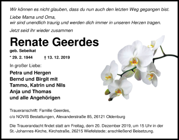 Traueranzeige von Renate Geerdes von Nordwest-Zeitung
