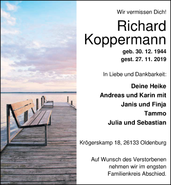 Traueranzeige von Richard Koppermann von Nordwest-Zeitung