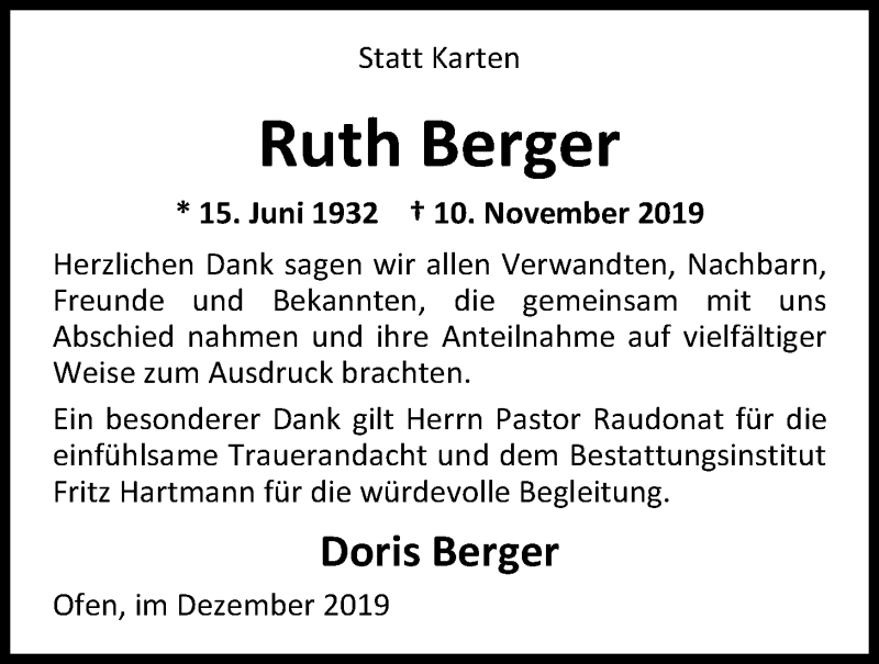  Traueranzeige für Ruth Berger vom 07.12.2019 aus Nordwest-Zeitung
