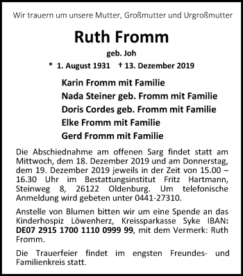 Traueranzeige von Ruth Fromm von Nordwest-Zeitung