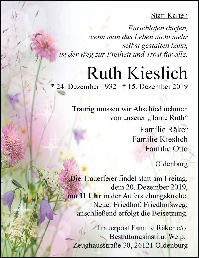  Traueranzeige für Ruth Kieslich vom 18.12.2019 aus Nordwest-Zeitung