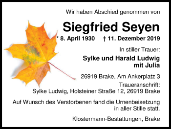 Traueranzeige von Siegfried Seyen von Nordwest-Zeitung