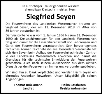 Traueranzeige von Siegfried Seyen von Nordwest-Zeitung