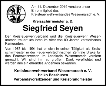 Traueranzeige von Siegfried Seyen von Nordwest-Zeitung