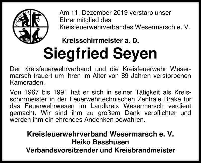  Traueranzeige für Siegfried Seyen vom 21.12.2019 aus Nordwest-Zeitung