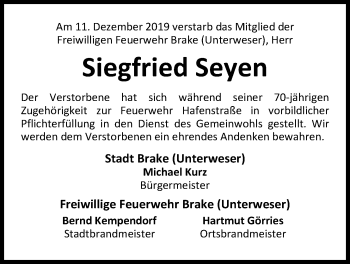 Traueranzeige von Siegfried Seyen von Nordwest-Zeitung