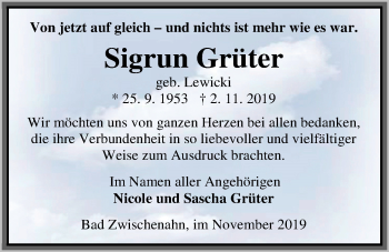 Traueranzeige von Sigrun Grüter von Nordwest-Zeitung