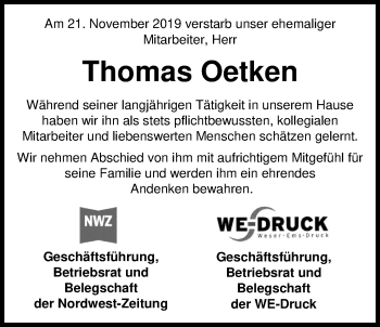 Traueranzeige von Thomas Oetken von Nordwest-Zeitung