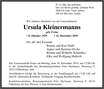 Traueranzeige von Ursula Kleinermanns von Nordwest-Zeitung