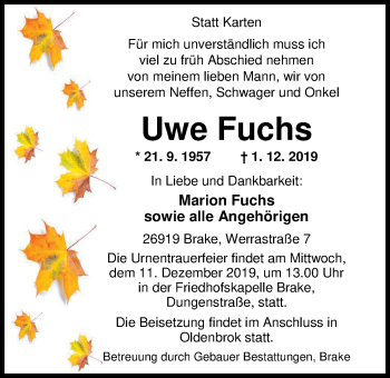 Traueranzeige von Uwe Fuchs von Nordwest-Zeitung