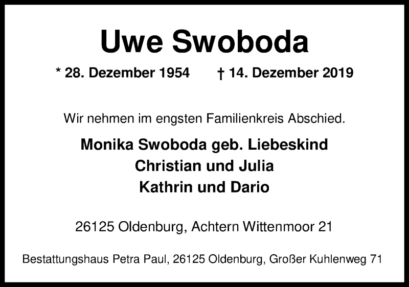  Traueranzeige für Uwe Swoboda vom 20.12.2019 aus Nordwest-Zeitung