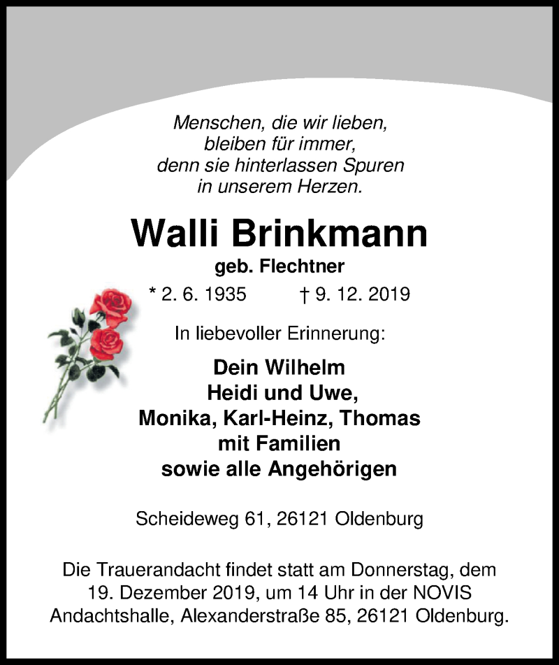  Traueranzeige für Walli Brinkmann vom 14.12.2019 aus Nordwest-Zeitung