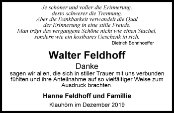 Traueranzeige von Walter Feldhoff von Nordwest-Zeitung