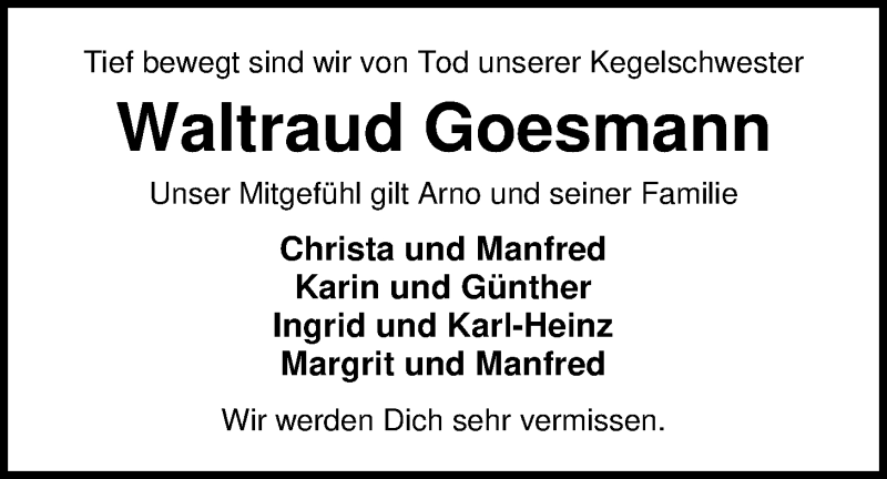  Traueranzeige für Waltraud Goesmann vom 09.12.2019 aus Nordwest-Zeitung