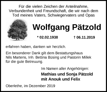 Traueranzeige von Wolfgang Pätzold von Nordwest-Zeitung