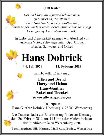 Traueranzeige von Hans Dobrick von Nordwest-Zeitung