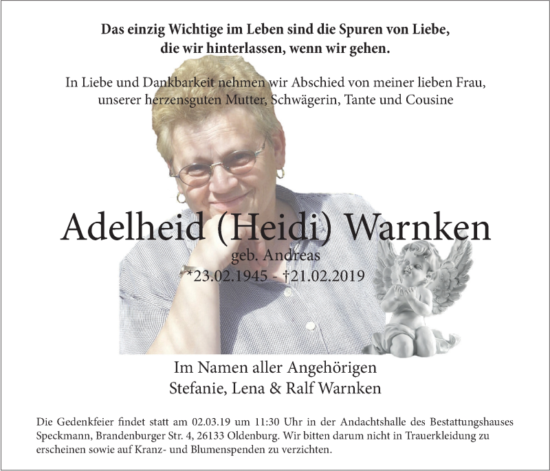  Traueranzeige für Adelheid Warnken vom 26.02.2019 aus Nordwest-Zeitung
