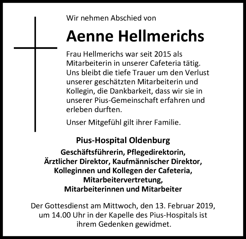  Traueranzeige für Aenne Hellmerichs vom 09.02.2019 aus Nordwest-Zeitung