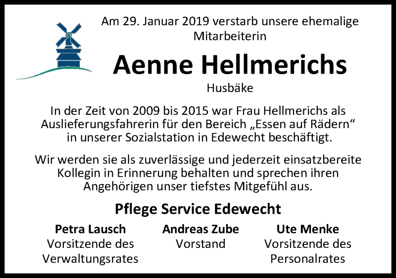  Traueranzeige für Aenne Hellmerichs vom 13.02.2019 aus Nordwest-Zeitung