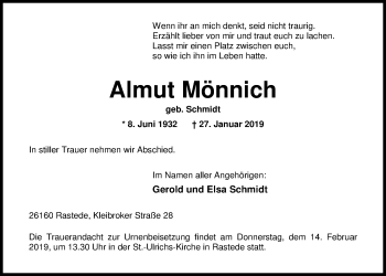 Traueranzeige von Almut Mönnich von Nordwest-Zeitung