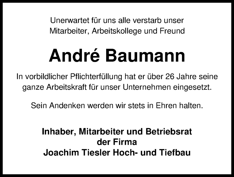  Traueranzeige für Andre Baumann vom 07.02.2019 aus Nordwest-Zeitung