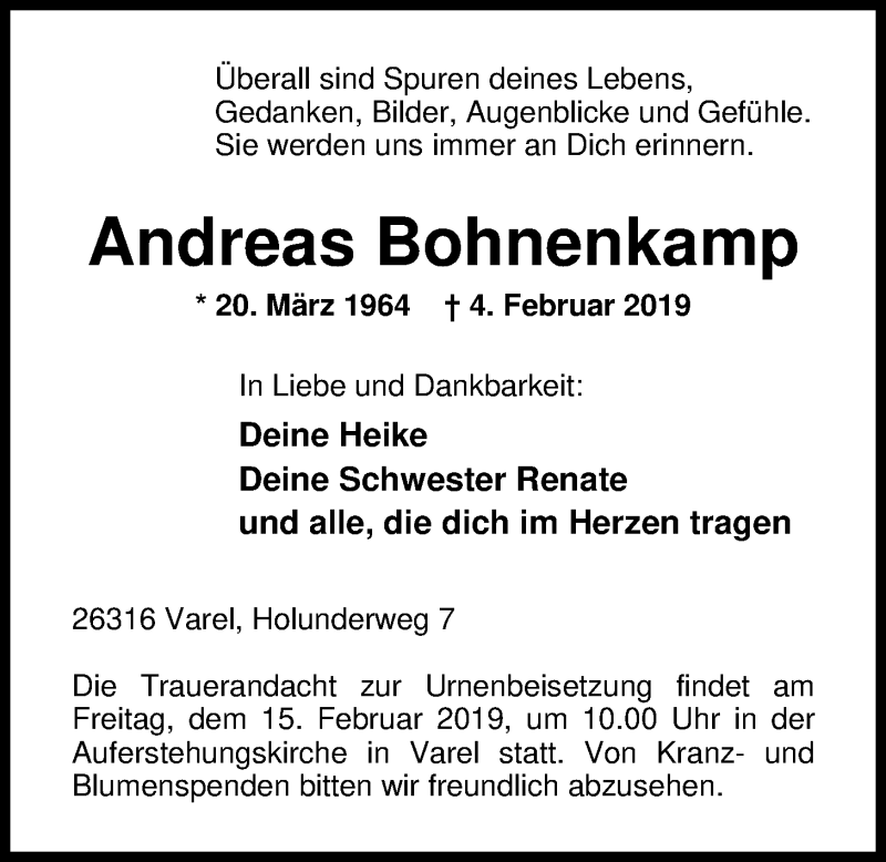  Traueranzeige für Andreas Bohnenkamp vom 12.02.2019 aus Nordwest-Zeitung